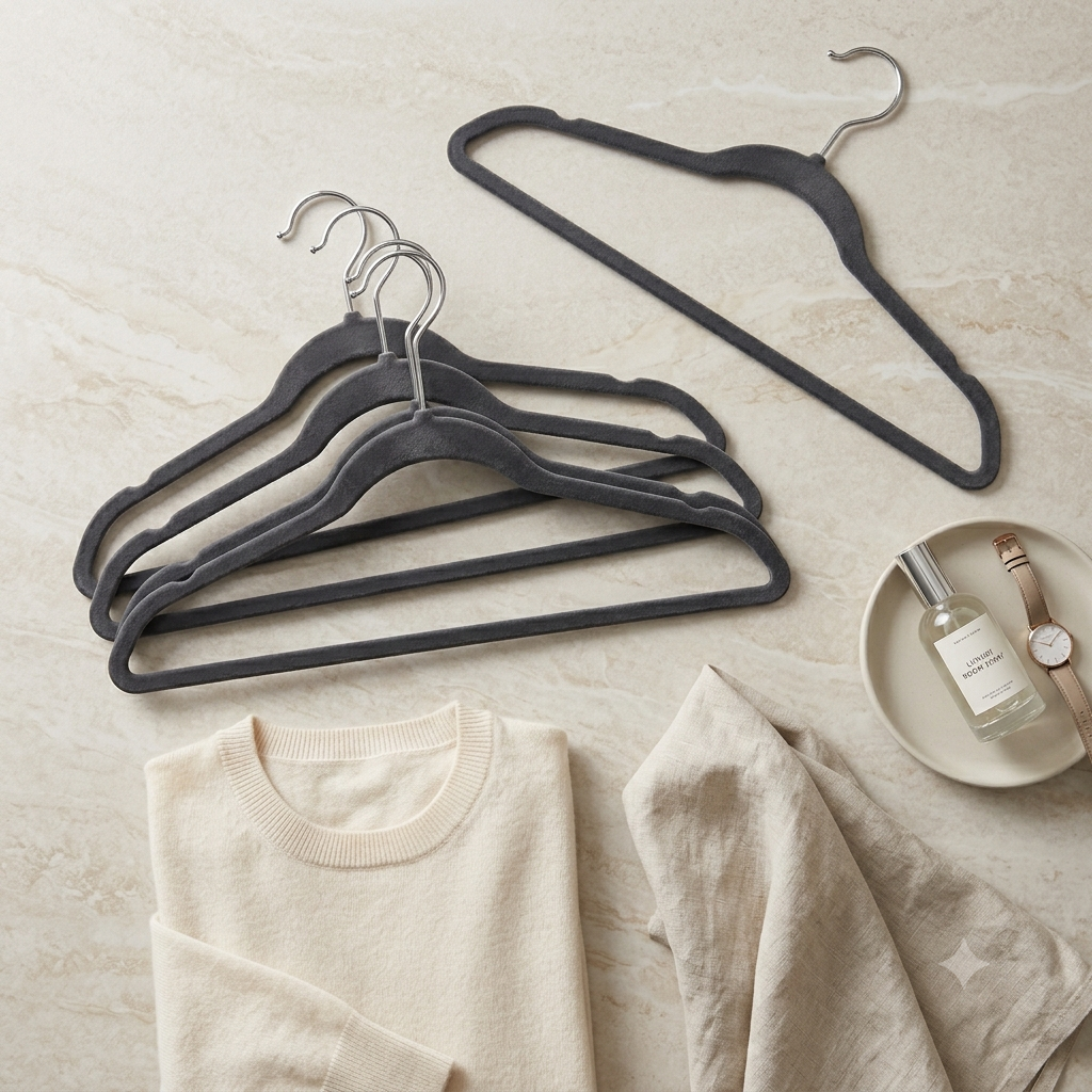 Velvet clothes hangers arranged with folded clothing on a neutral surface