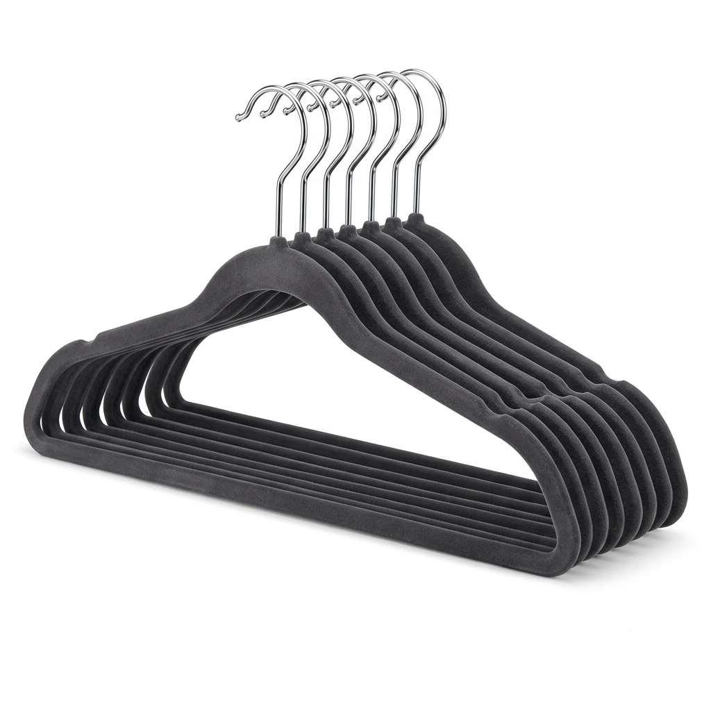 Charcoal grey velvet non-slip clothes hangers with chrome hooks