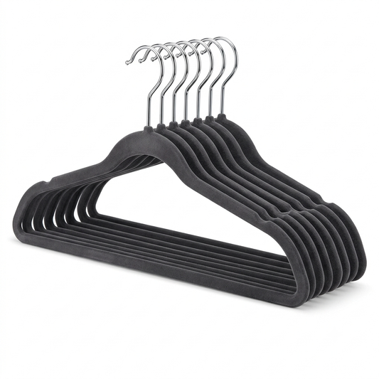 Charcoal grey velvet non-slip clothes hangers with chrome hooks