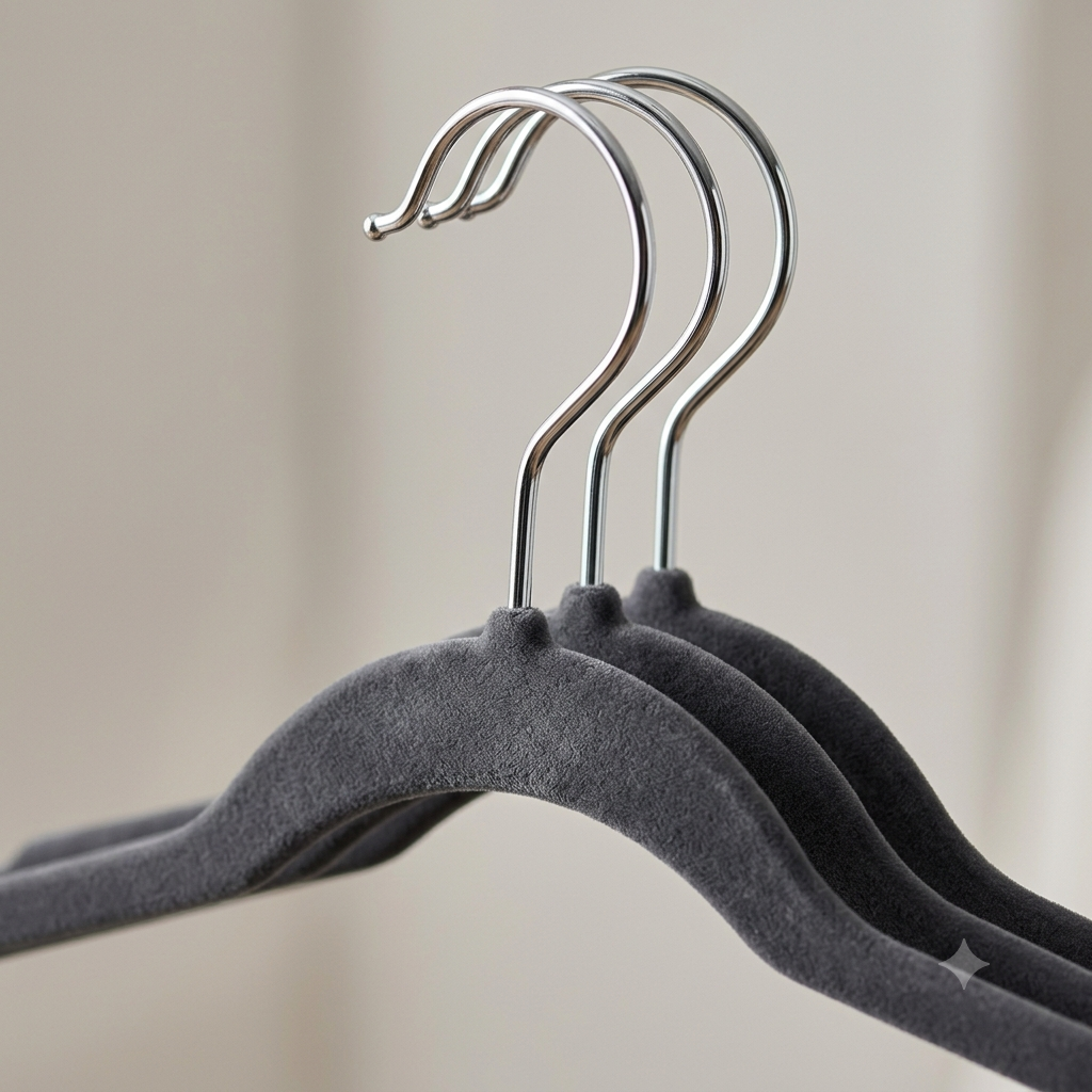 Close-up of charcoal velvet hanger texture and chrome hook
