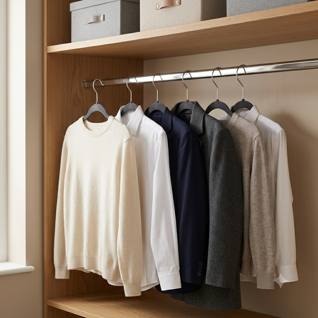 Velvet clothes hangers holding shirts and jackets in a modern wardrobe